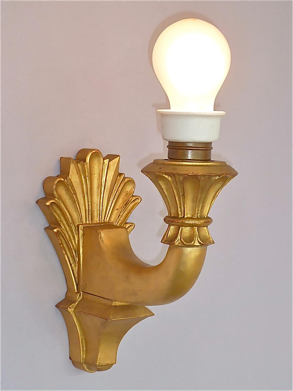 Pair Antique French Gilt Wood Art Deco Sconces Hand-Painted Shades 1920s For Sale 13