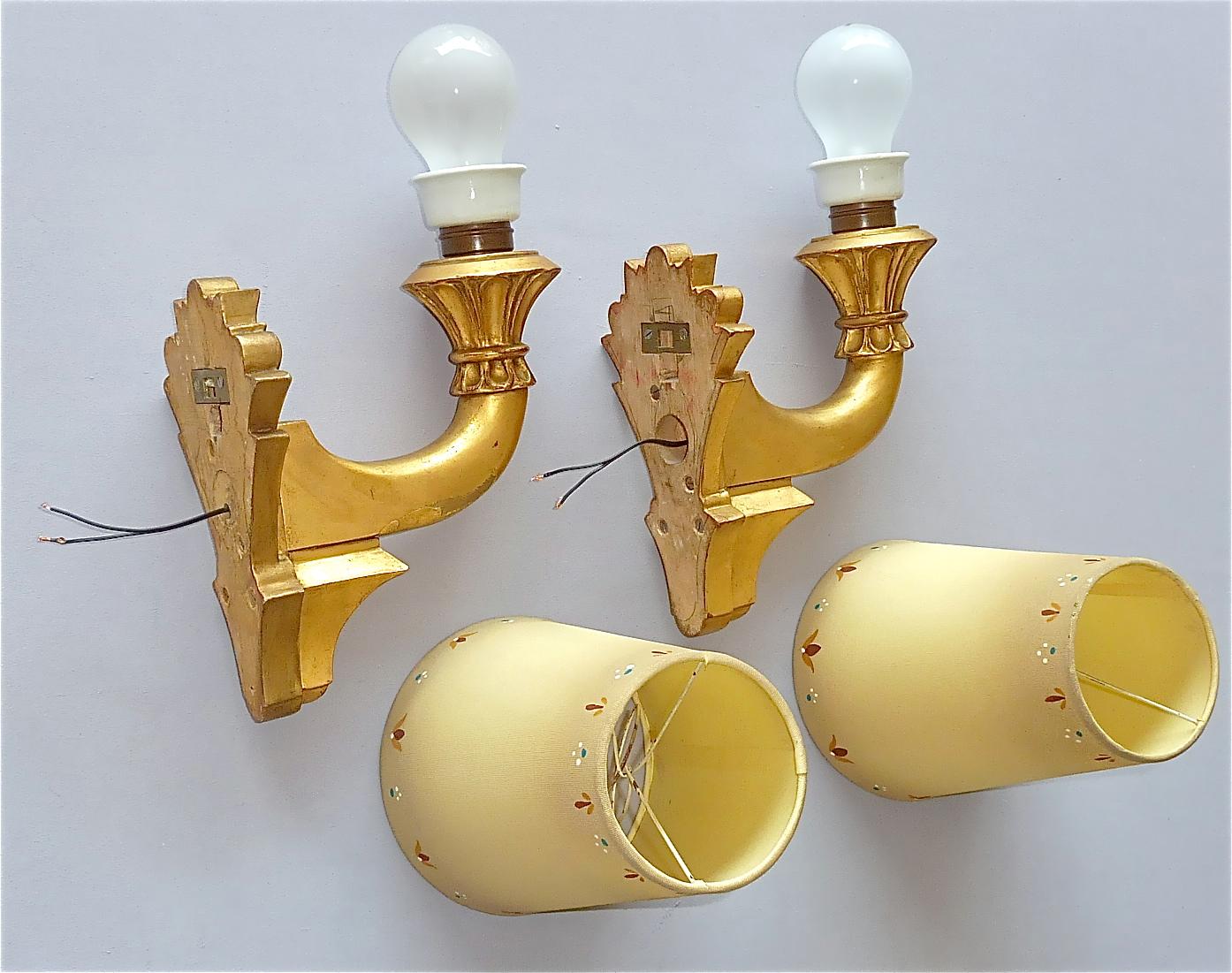 Pair Antique French Gilt Wood Art Deco Sconces Hand-Painted Shades 1920s For Sale 14