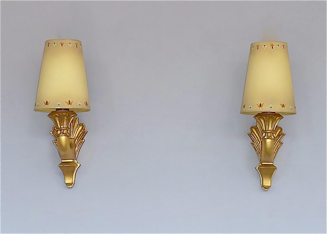 Hand-Carved Pair Antique French Gilt Wood Art Deco Sconces Hand-Painted Shades 1920s For Sale