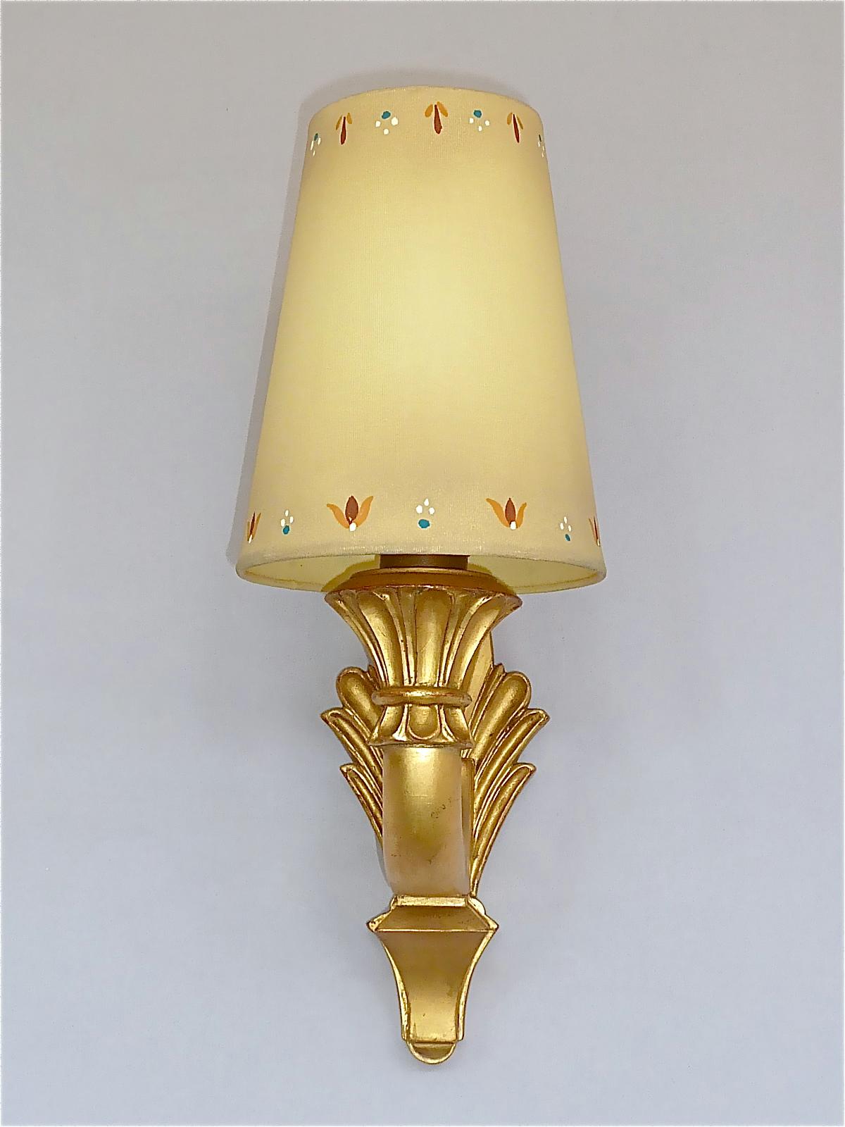 Early 20th Century Pair Antique French Gilt Wood Art Deco Sconces Hand-Painted Shades 1920s For Sale