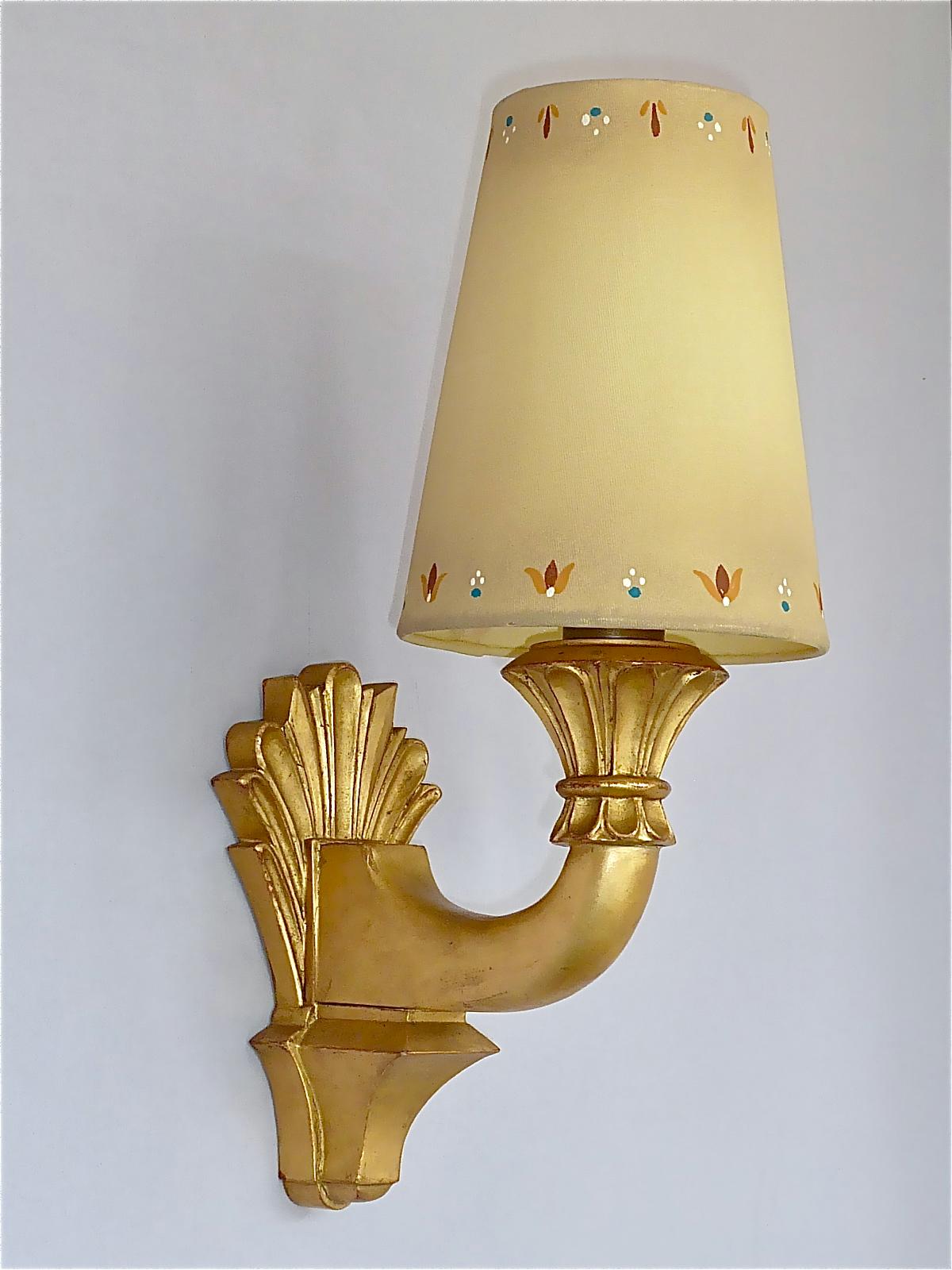 Brass Pair Antique French Gilt Wood Art Deco Sconces Hand-Painted Shades 1920s For Sale