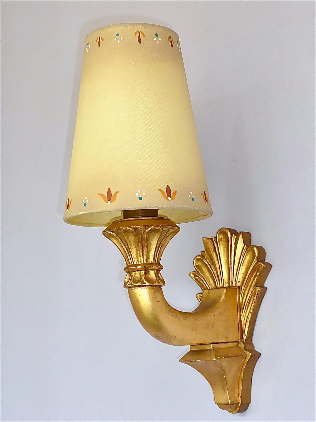 Pair Antique French Gilt Wood Art Deco Sconces Hand-Painted Shades 1920s For Sale 1