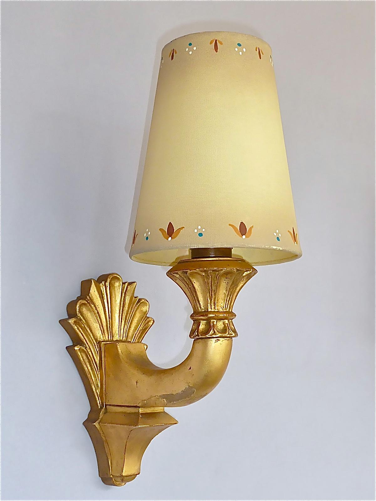 Pair Antique French Gilt Wood Art Deco Sconces Hand-Painted Shades 1920s For Sale 2
