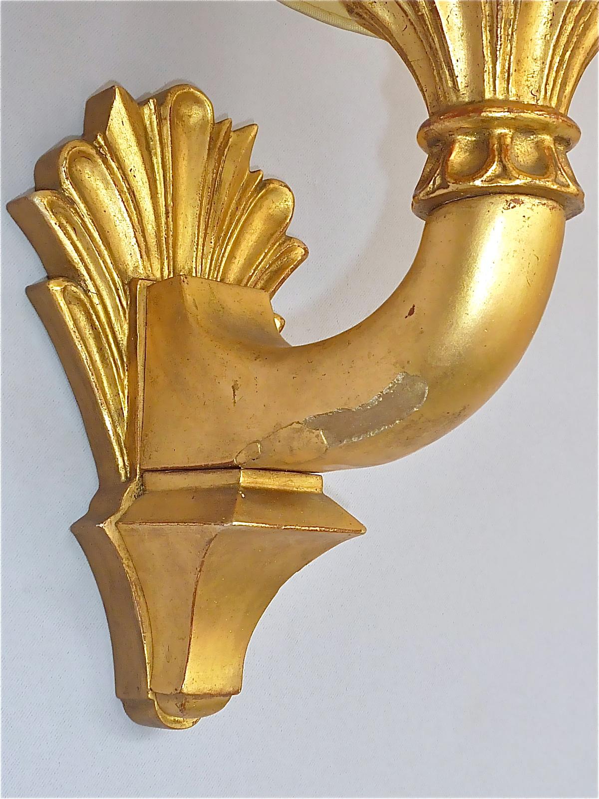 Pair Antique French Gilt Wood Art Deco Sconces Hand-Painted Shades 1920s For Sale 3
