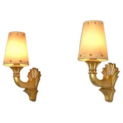 Pair Antique French Gilt Wood Art Deco Sconces Hand-Painted Shades 1920s