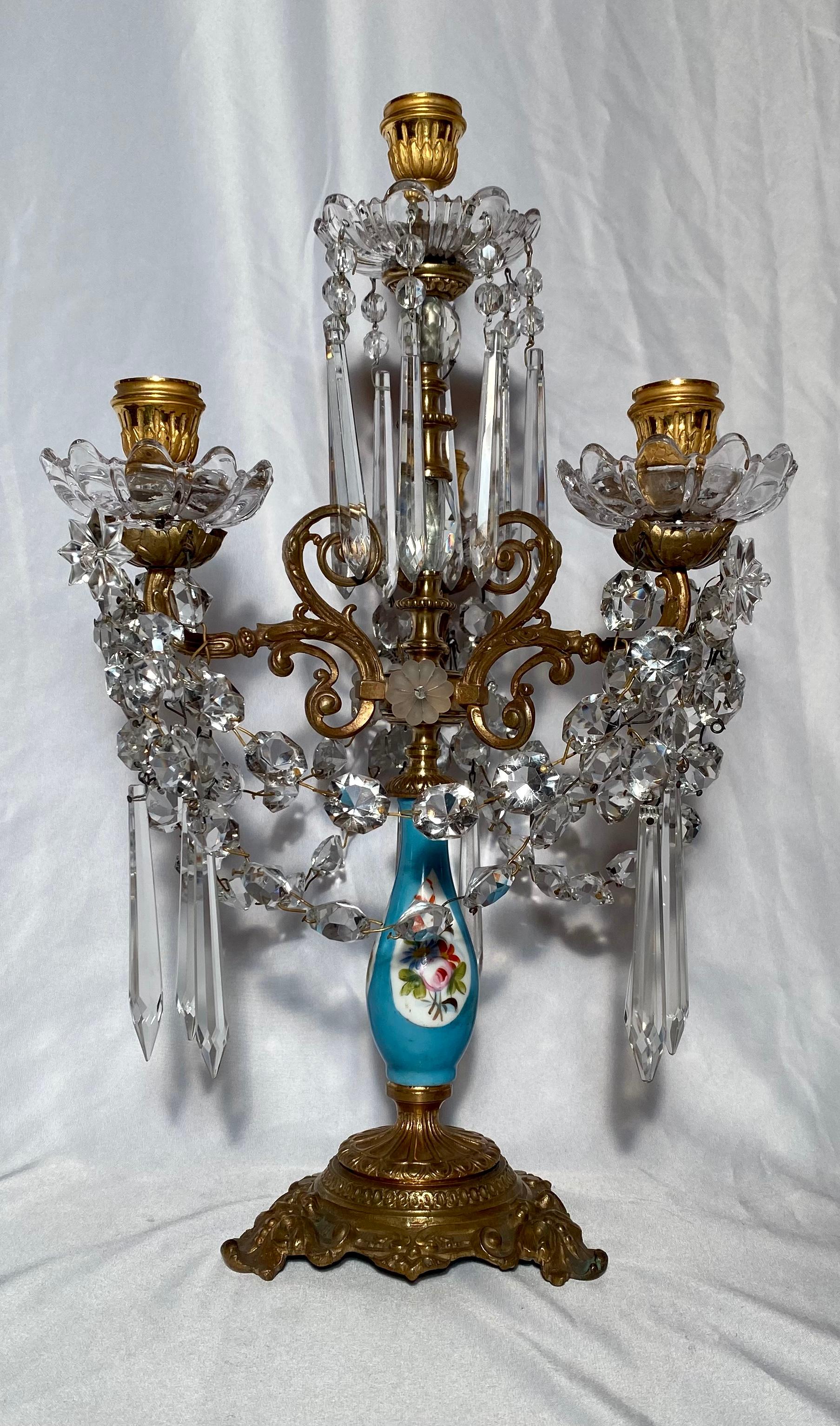 Paar antike französische Girondolles aus Kristall und Porzellan 