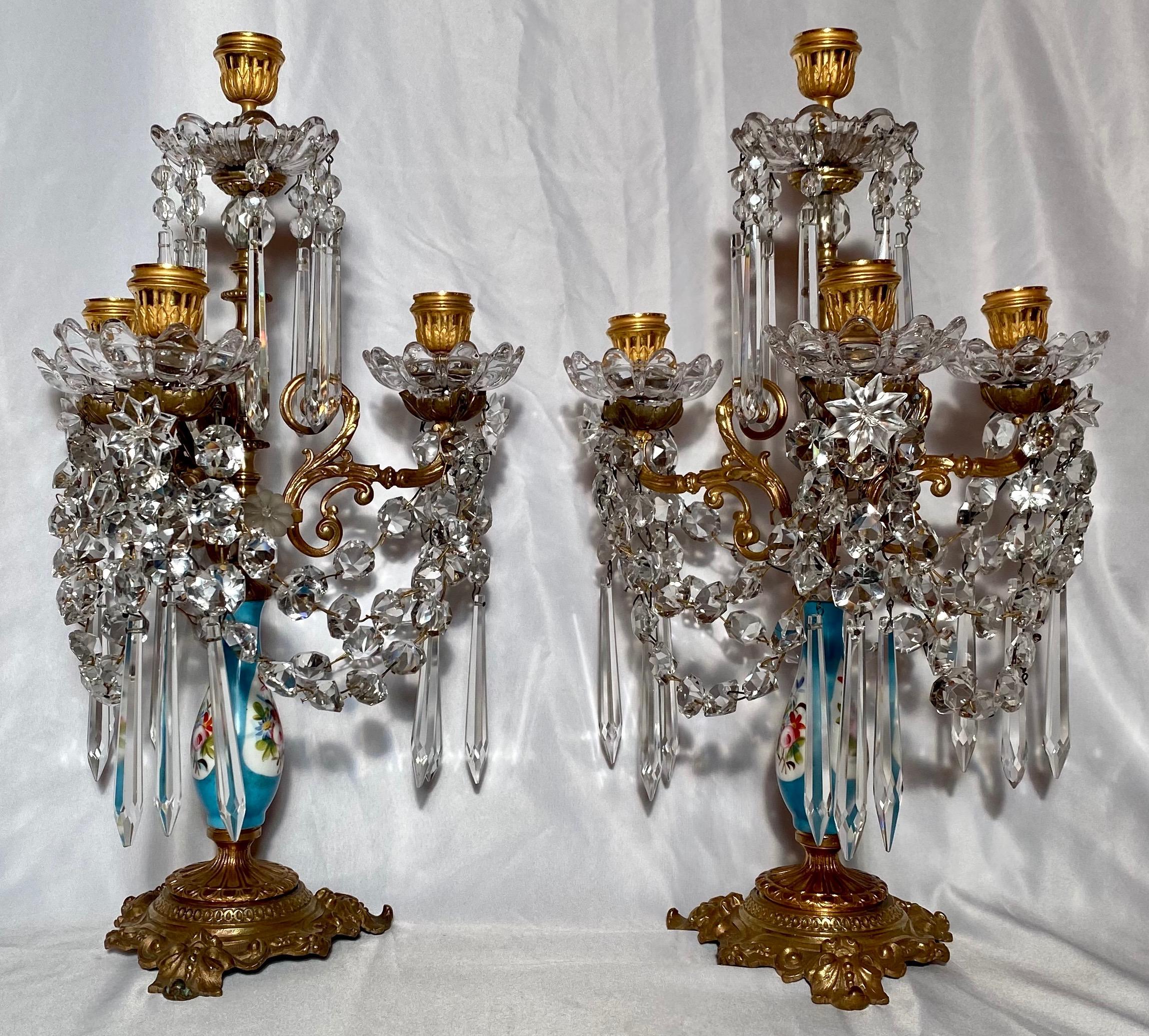 19th Century Pair of Antique French Girondolles Crystal and 