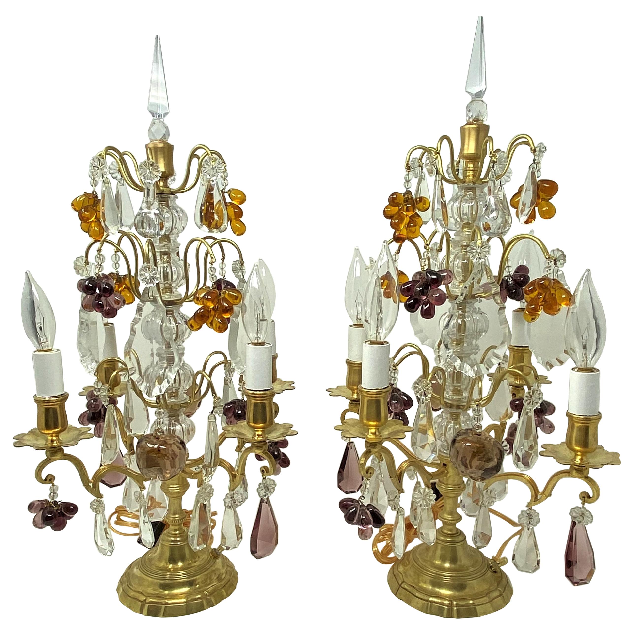 Pair Antique French Gold Bronze and Color Crystal Girandoles, Circa 1880s-1890's