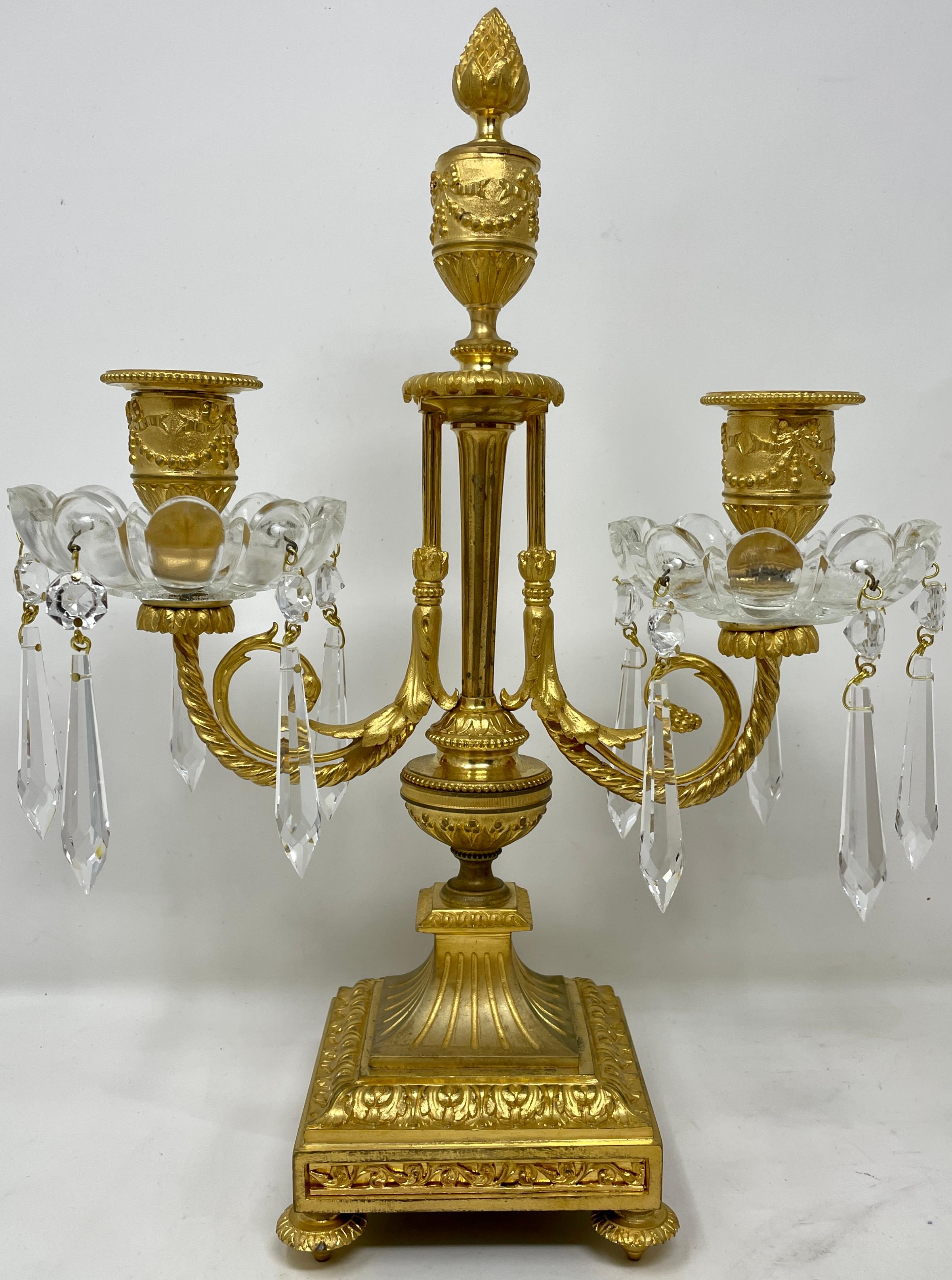 Pair antique French gold bronze and crystal candelabra, circa 1875-1895.