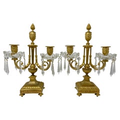 Pair Antique French Gold Bronze and Crystal Candelabra, Circa 1875-1895