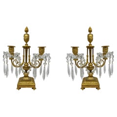 Pair Antique French Gold-Bronze and Crystal Candelabra, circa 1875-1895
