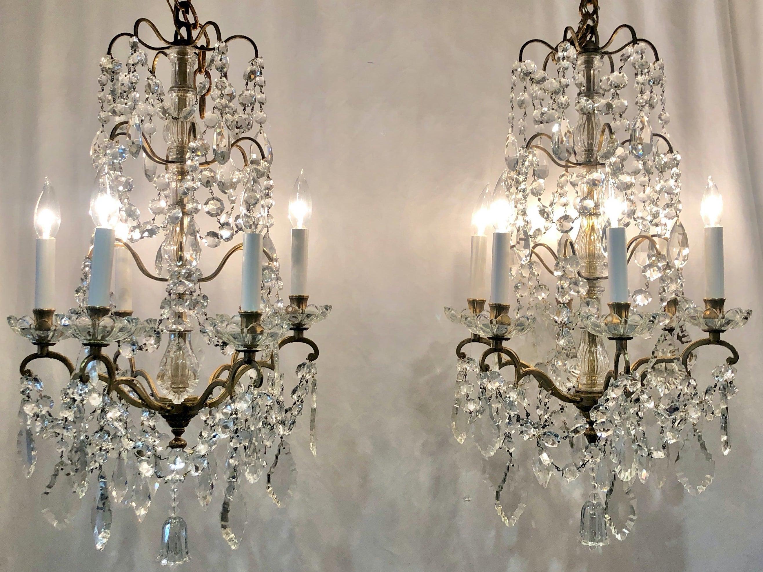 Pair antique French gold bronze and crystal chandelier, Circa 1910-1920.