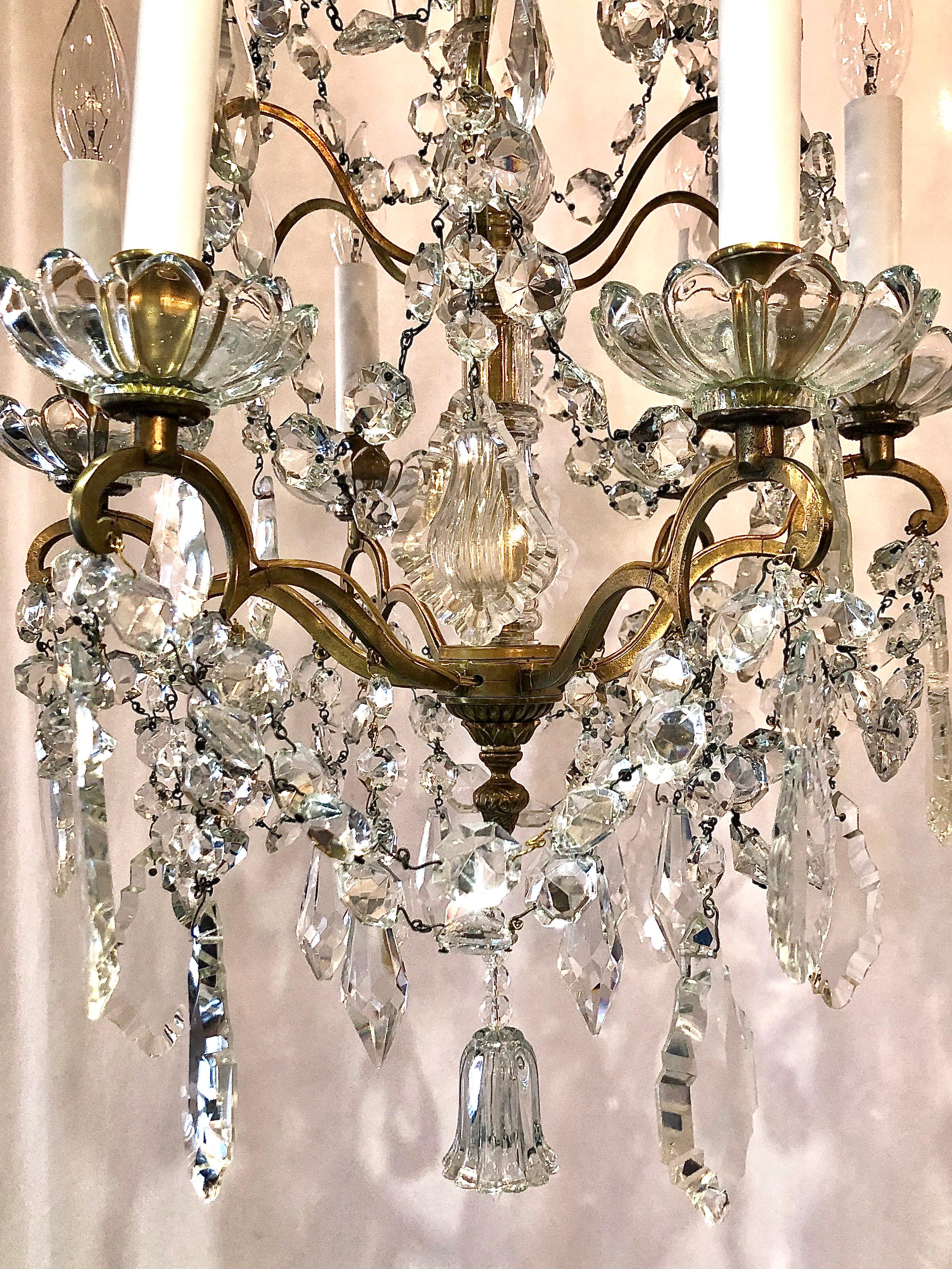 Pair Antique French Gold Bronze and Crystal Chandelier, Circa 1910-1920 1