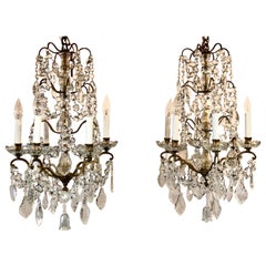 Pair Antique French Gold Bronze and Crystal Chandelier, Circa 1910-1920