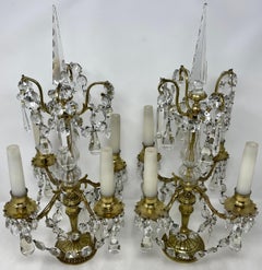 Pair Antique French Gold Bronze and Crystal Girandoles Candelabras, Circa 1890.
