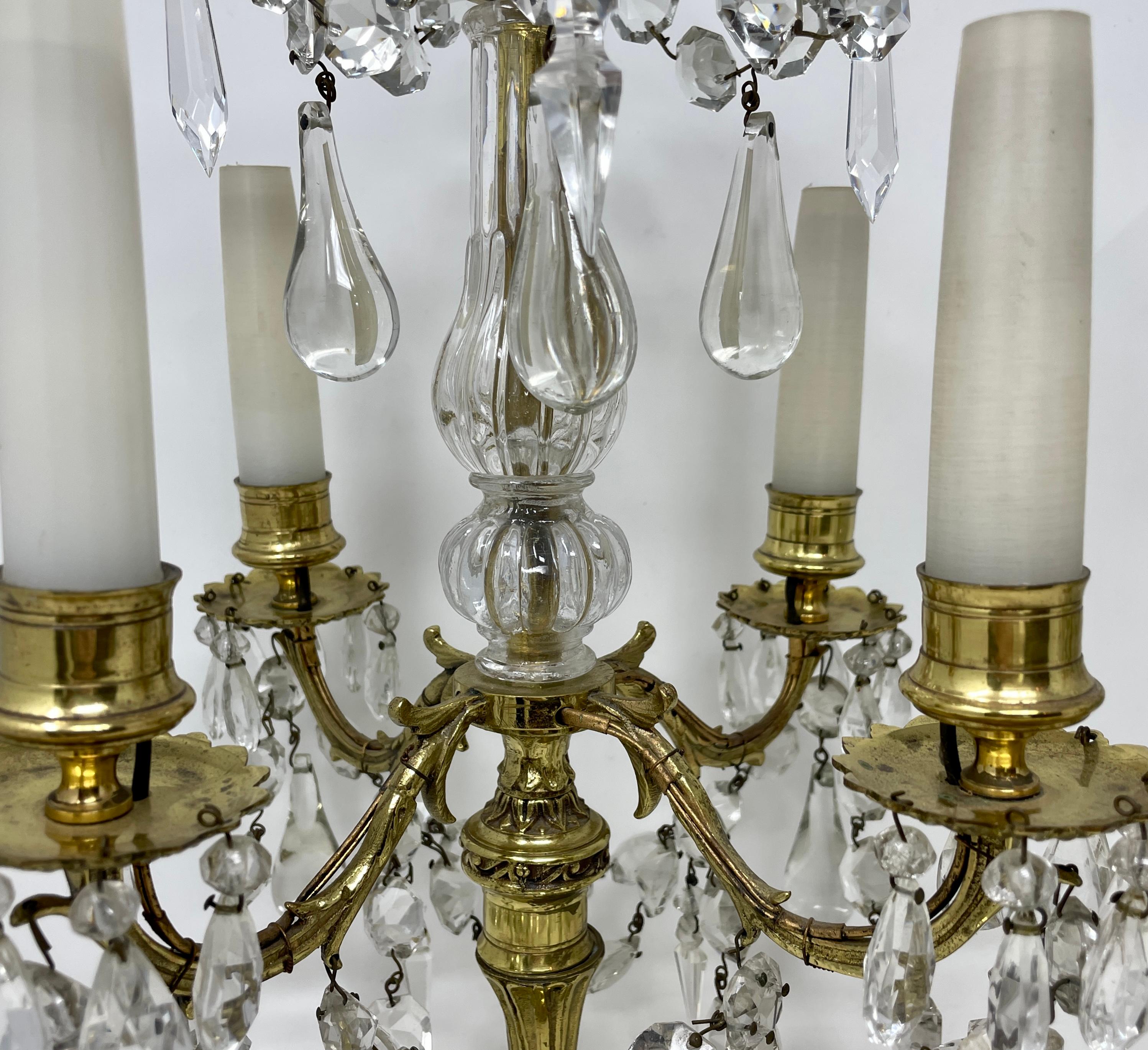 Pair Antique French Gold Bronze and Crystal Girandoles Candelabras, Circa 1890. In Good Condition For Sale In New Orleans, LA
