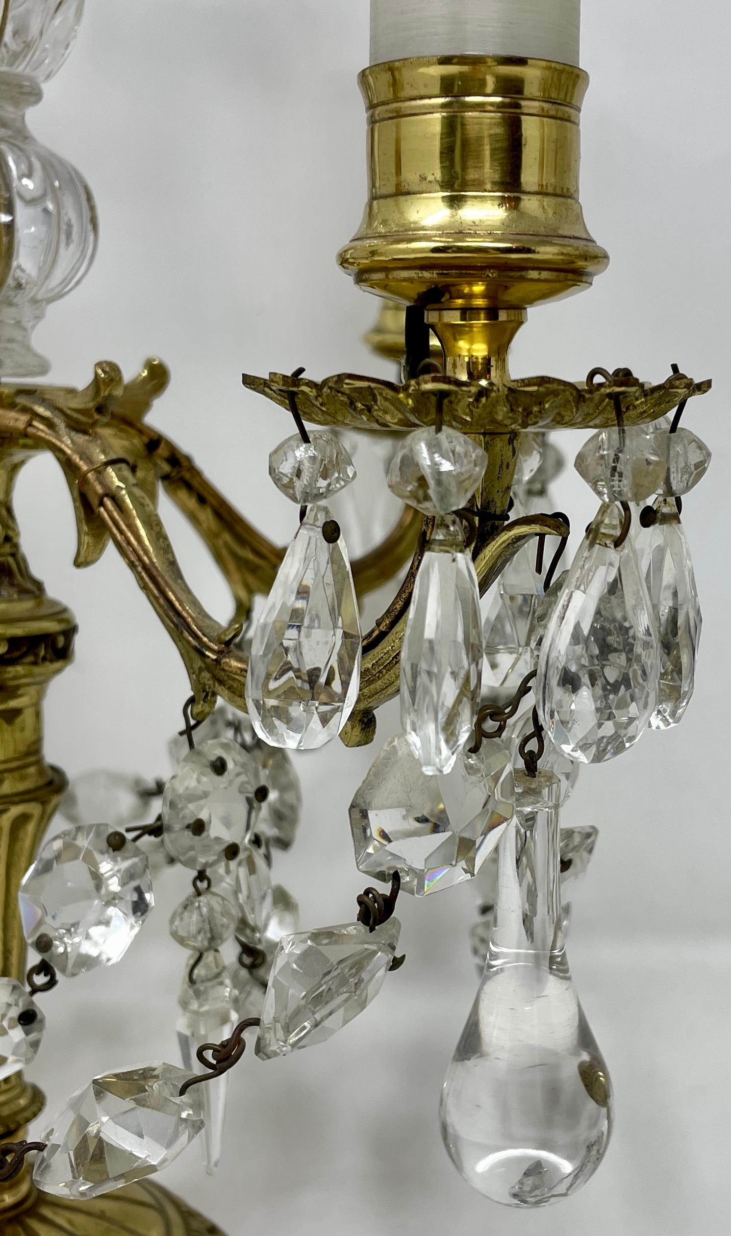 19th Century Pair Antique French Gold Bronze and Crystal Girandoles Candelabras, Circa 1890. For Sale