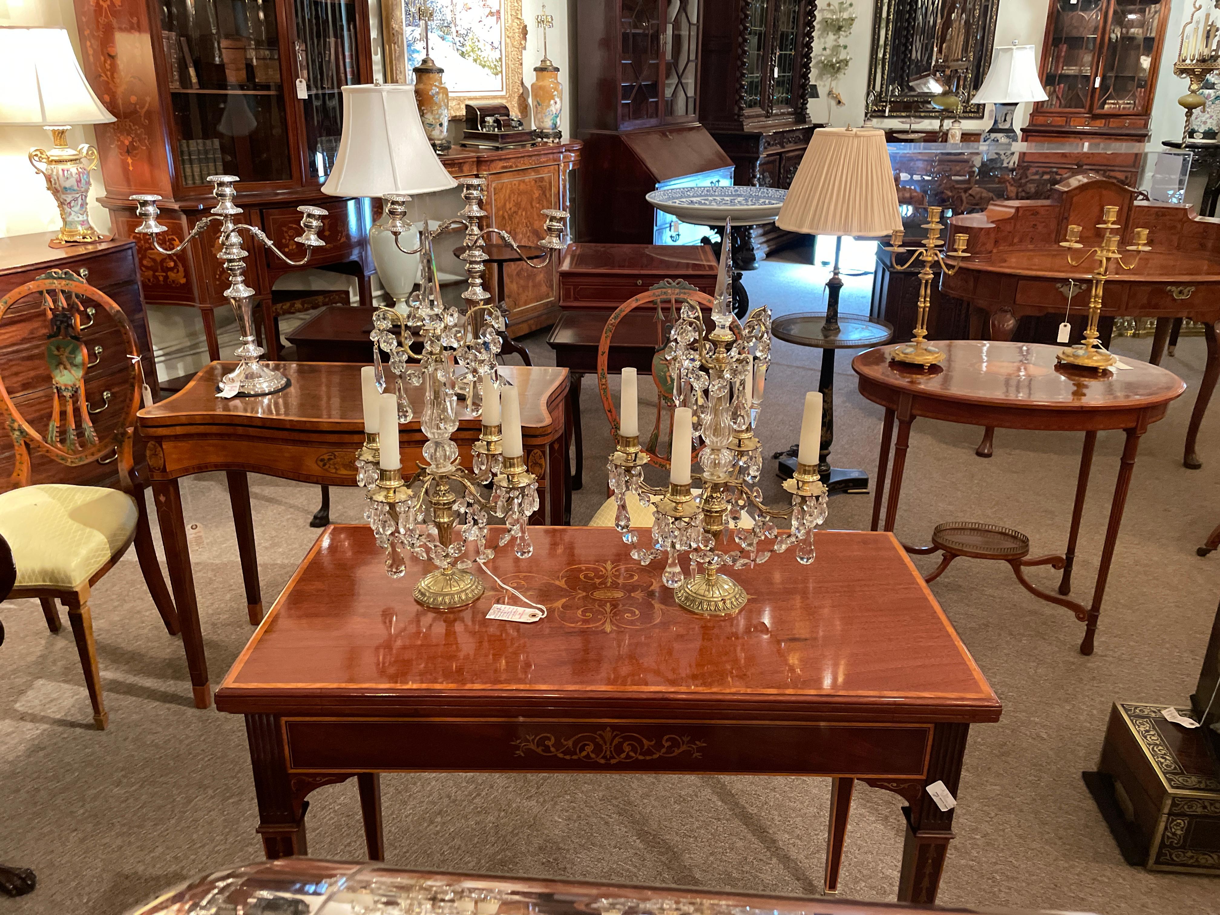 Pair Antique French Gold Bronze and Crystal Girandoles Candelabras, Circa 1890. For Sale 2