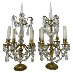 Pair Antique French Gold Bronze and Crystal Girandoles Candelabras, Circa 1890.