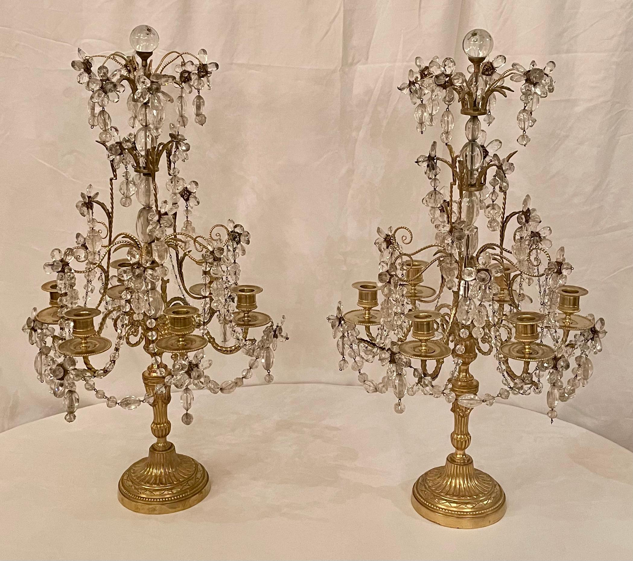 Pair Antique French Gold Bronze and Crystal Girondolles / Candelabras, Circa 1880.