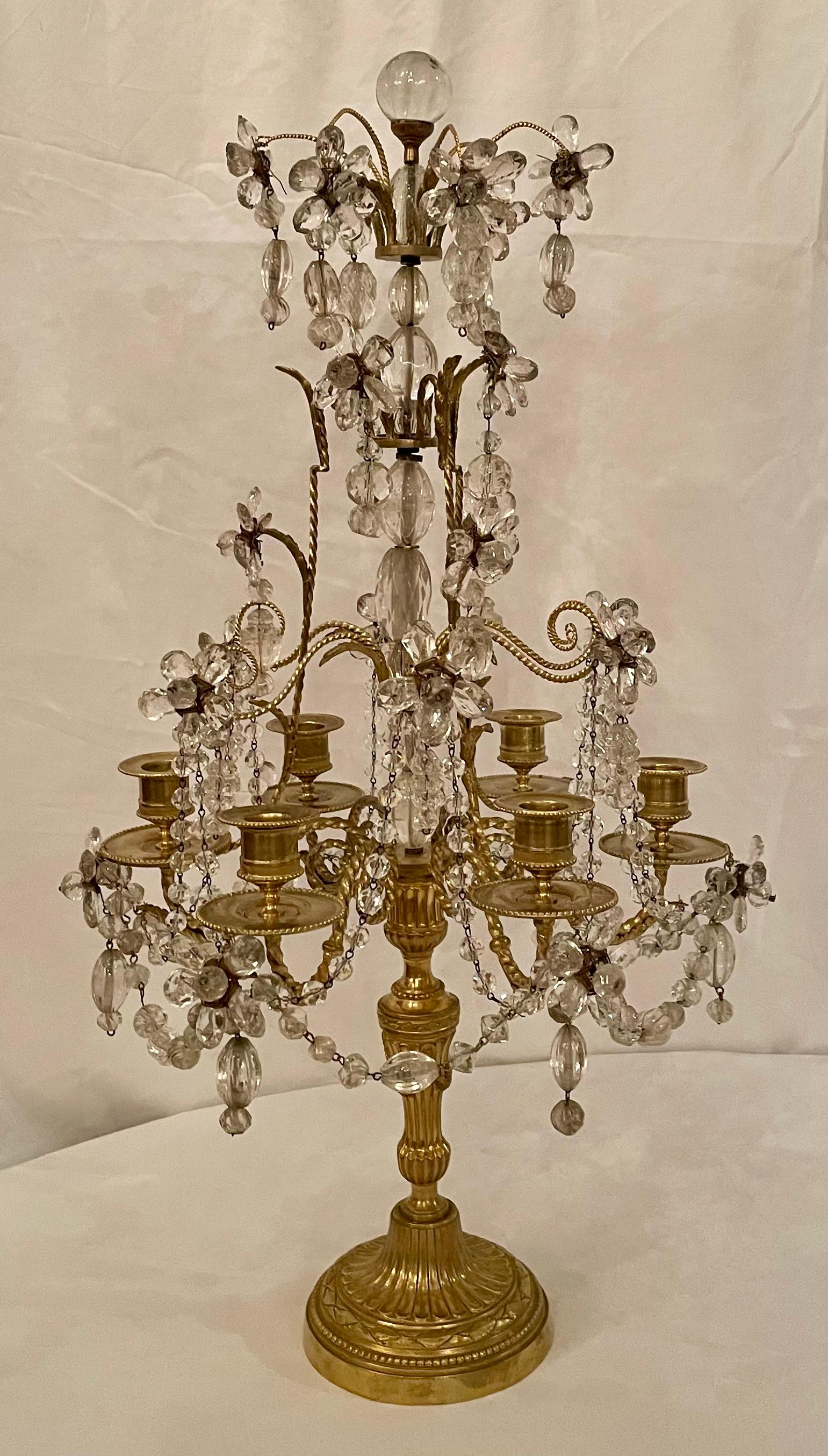 Pair Antique French Gold Bronze and Crystal Girondolles / Candelabras Circa 1880 In Good Condition For Sale In New Orleans, LA