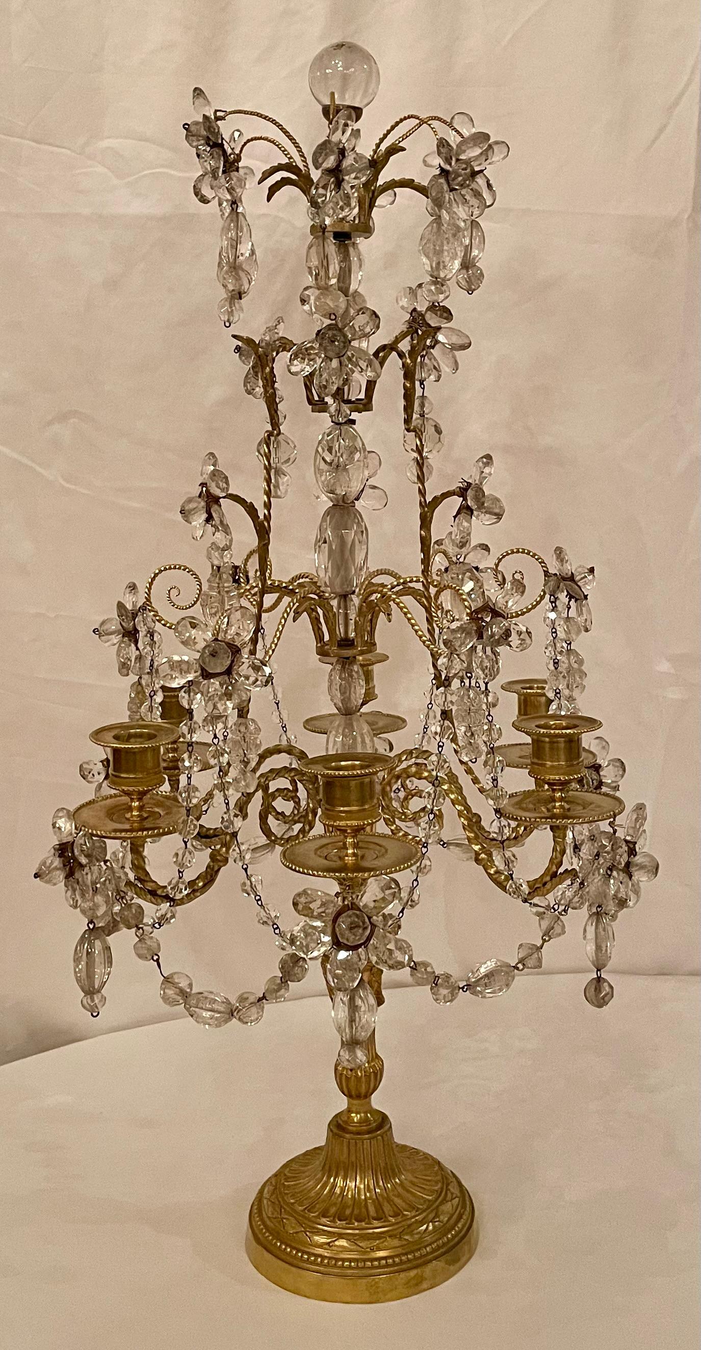 19th Century Pair Antique French Gold Bronze and Crystal Girondolles / Candelabras Circa 1880 For Sale