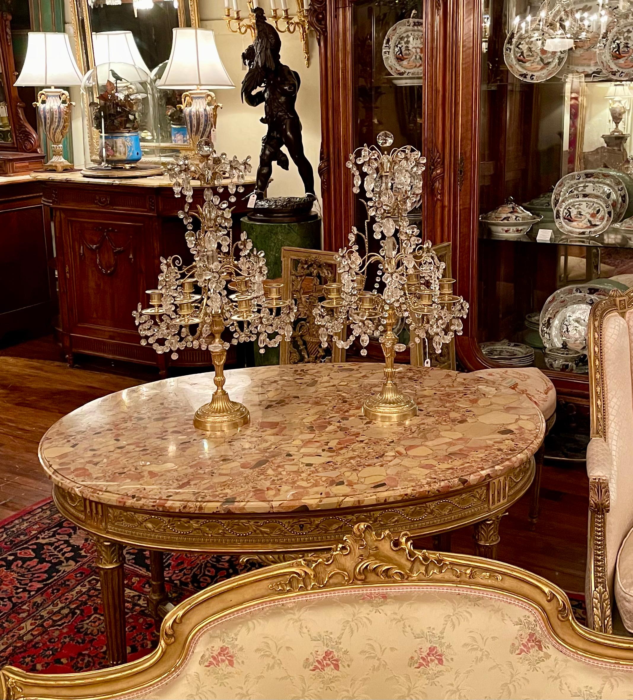 Pair Antique French Gold Bronze and Crystal Girondolles / Candelabras Circa 1880 For Sale 5