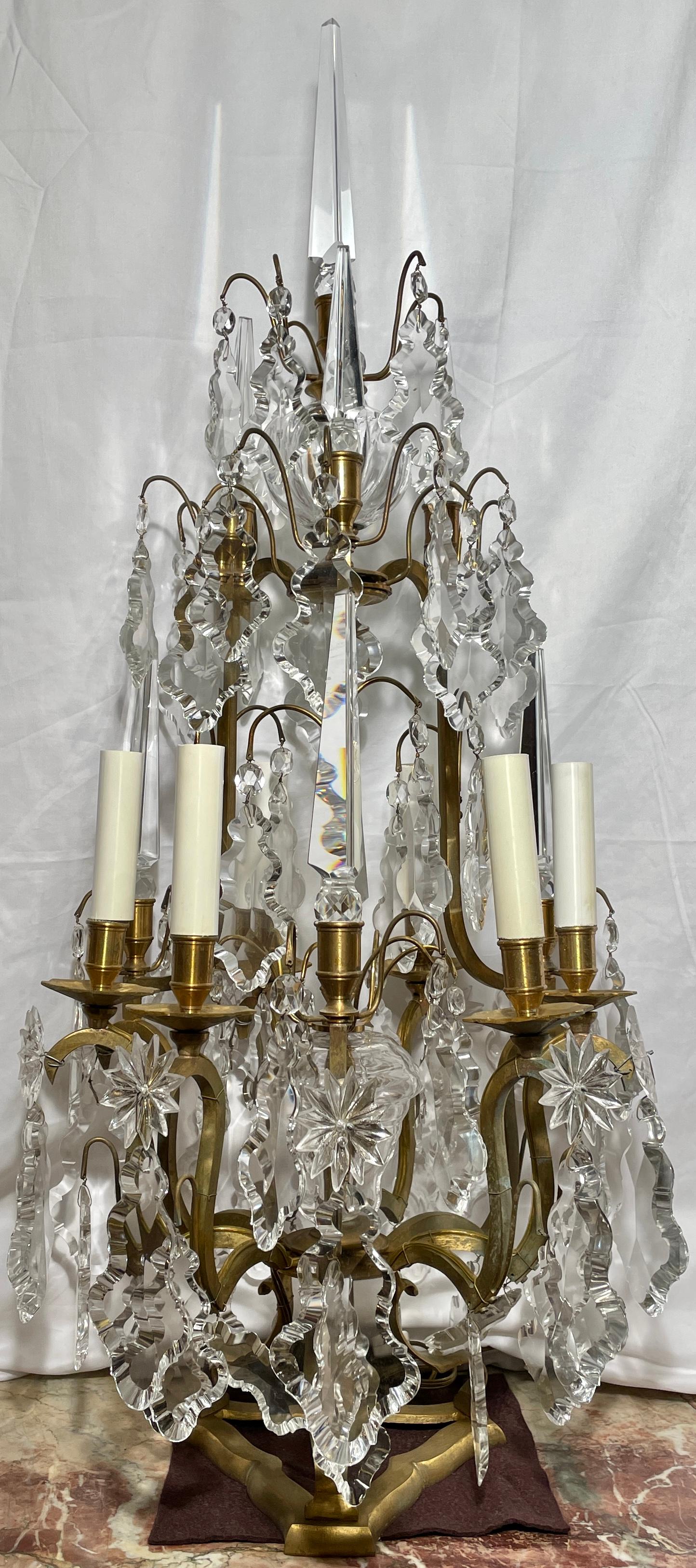 Pair antique French gold bronze and cut crystal candelabra, Circa 1900.
