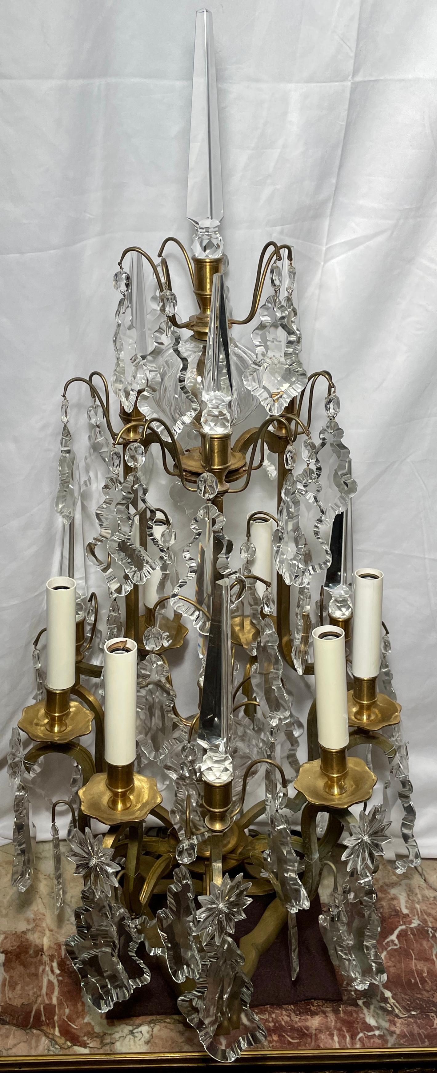 Pair Antique French Gold Bronze and Cut Crystal Candelabra, Circa 1900 In Good Condition For Sale In New Orleans, LA