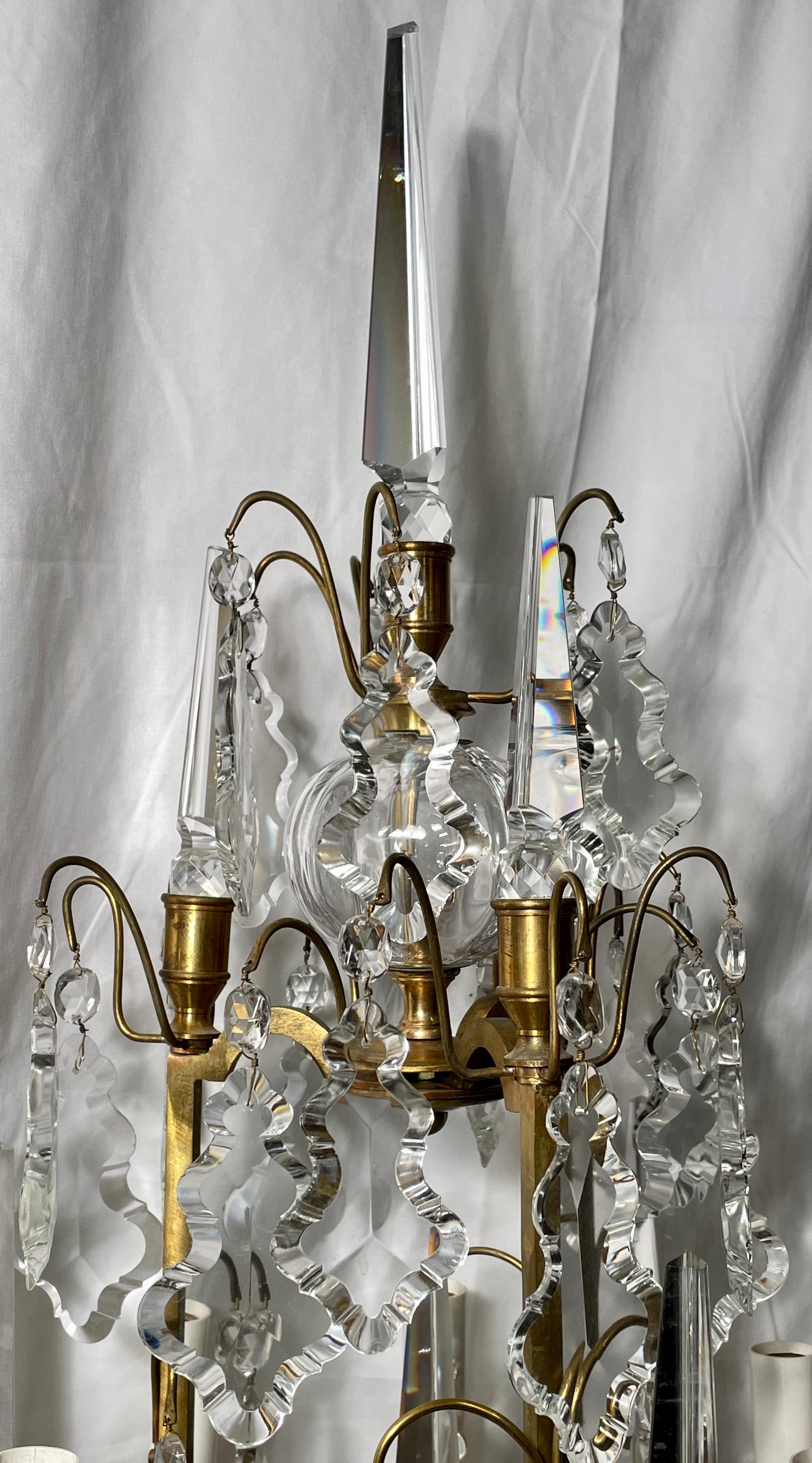 20th Century Pair Antique French Gold Bronze and Cut Crystal Candelabra, Circa 1900 For Sale