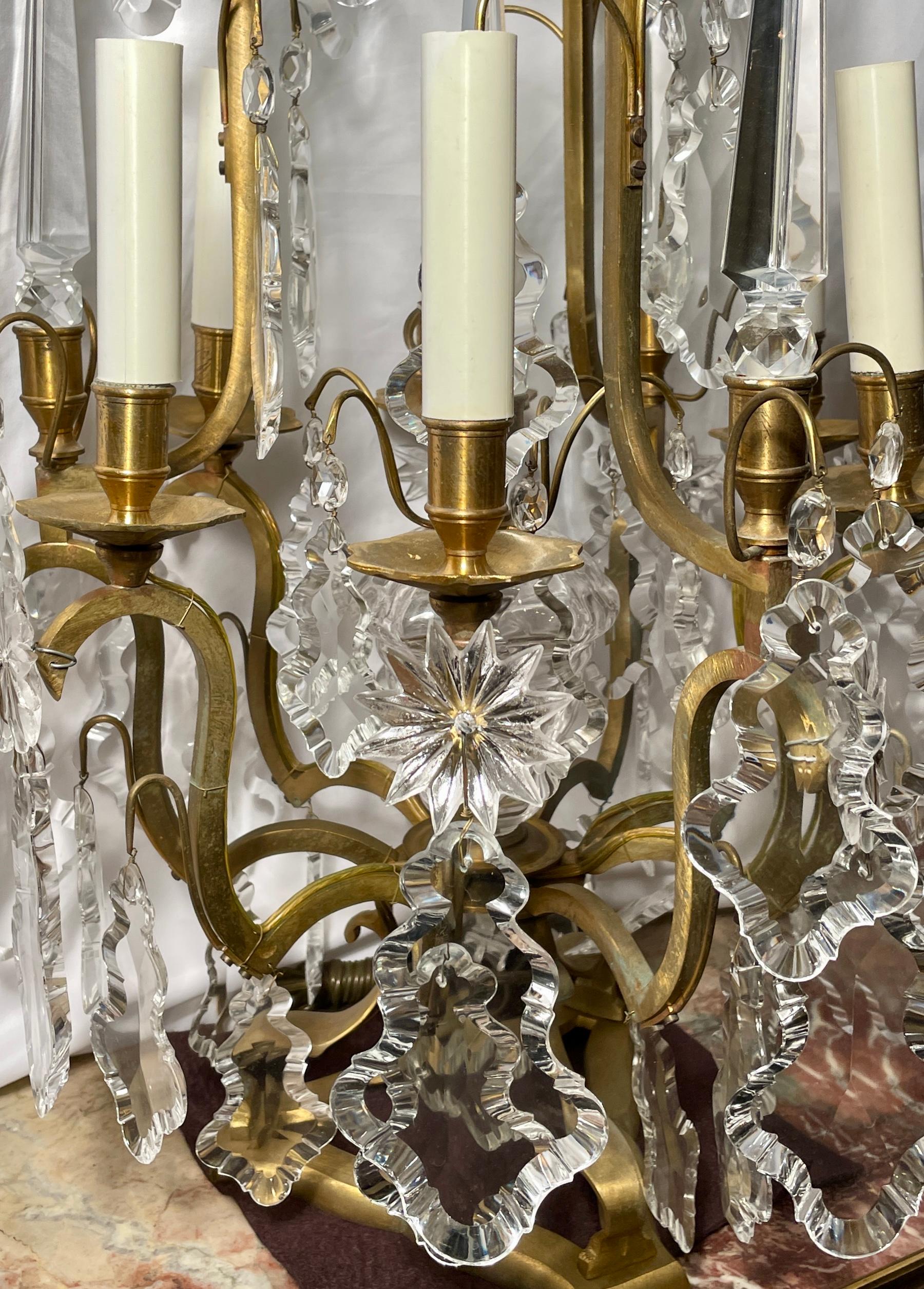 Pair Antique French Gold Bronze and Cut Crystal Candelabra, Circa 1900 For Sale 1