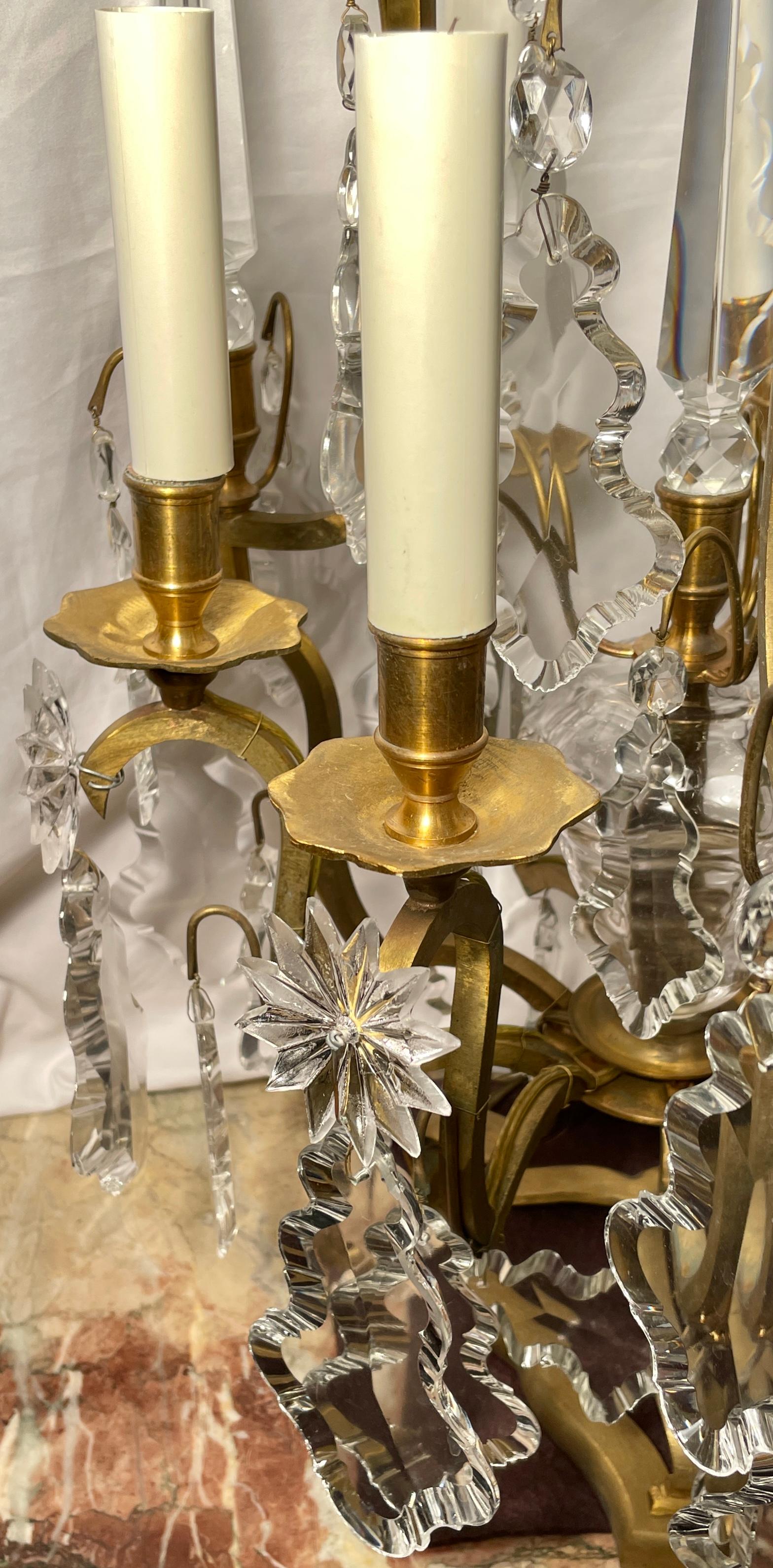 Pair Antique French Gold Bronze and Cut Crystal Candelabra, Circa 1900 For Sale 2