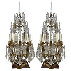 Pair Antique French Gold Bronze and Cut Crystal Candelabra, Circa 1900