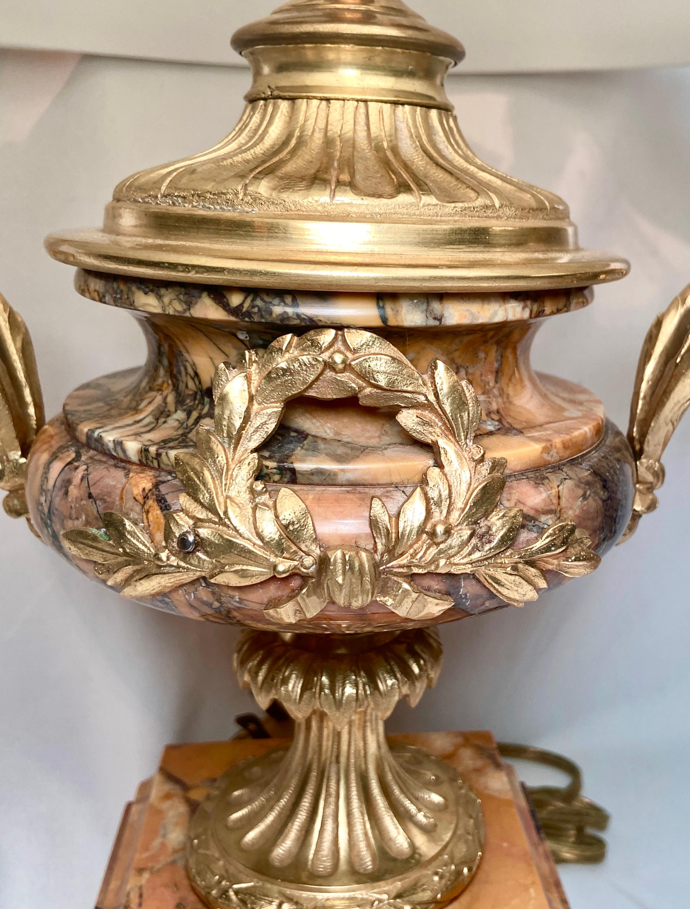 Pair Antique French Gold Bronze and Marble Lamps, Circa 1880 In Good Condition For Sale In New Orleans, LA