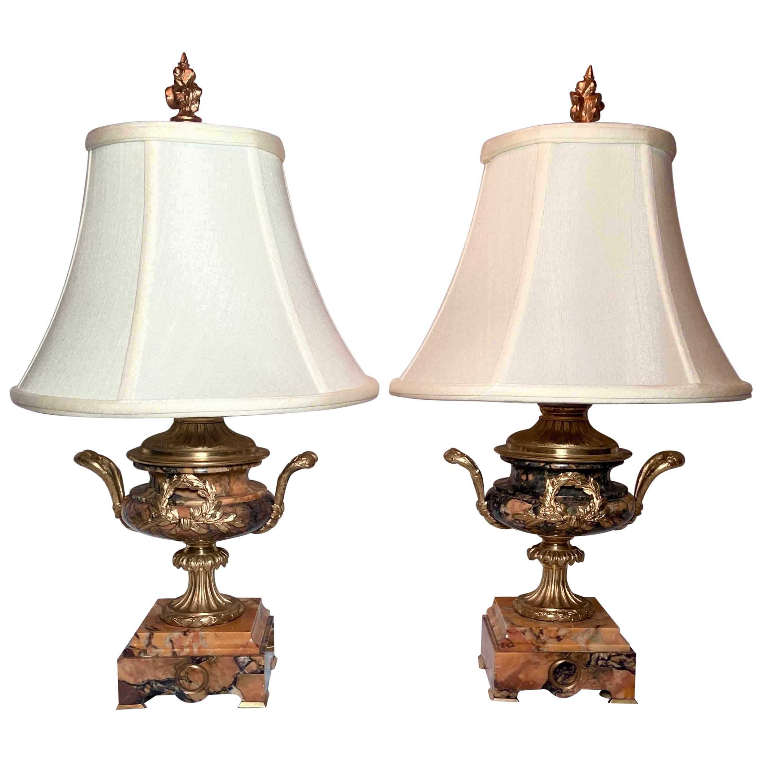 Pair Antique French Gold Bronze and Marble Lamps, Circa 1880 For Sale