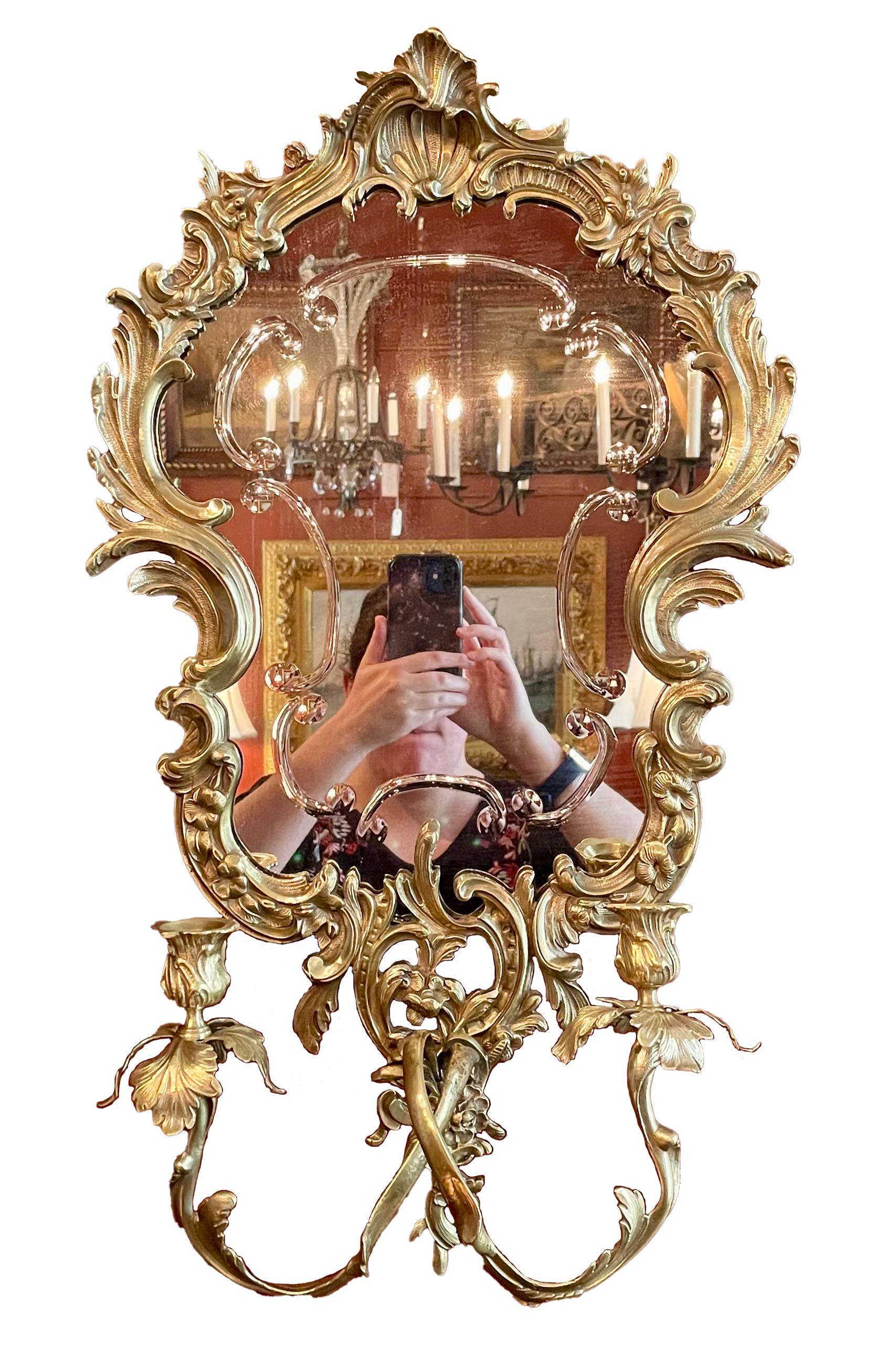 Pair of exceptional antique gold bronze and mirror sconces, circa 1890.
