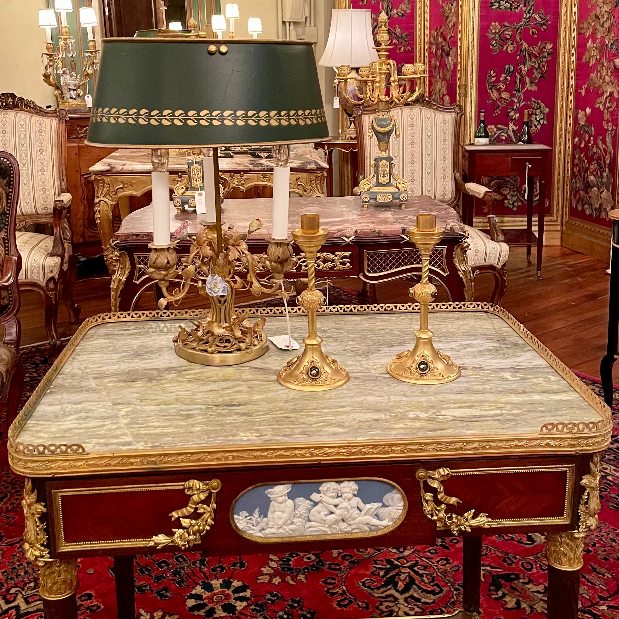 Pair Antique French Gold Bronze and Mosaic Candlesticks, Circa 1890. For Sale 6