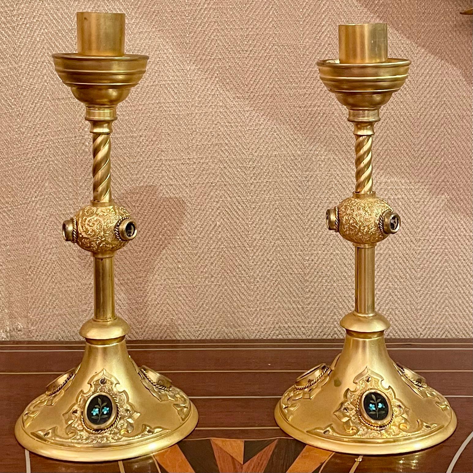 Pair Antique French Gold Bronze and Mosaic Candlesticks, Circa 1890's.