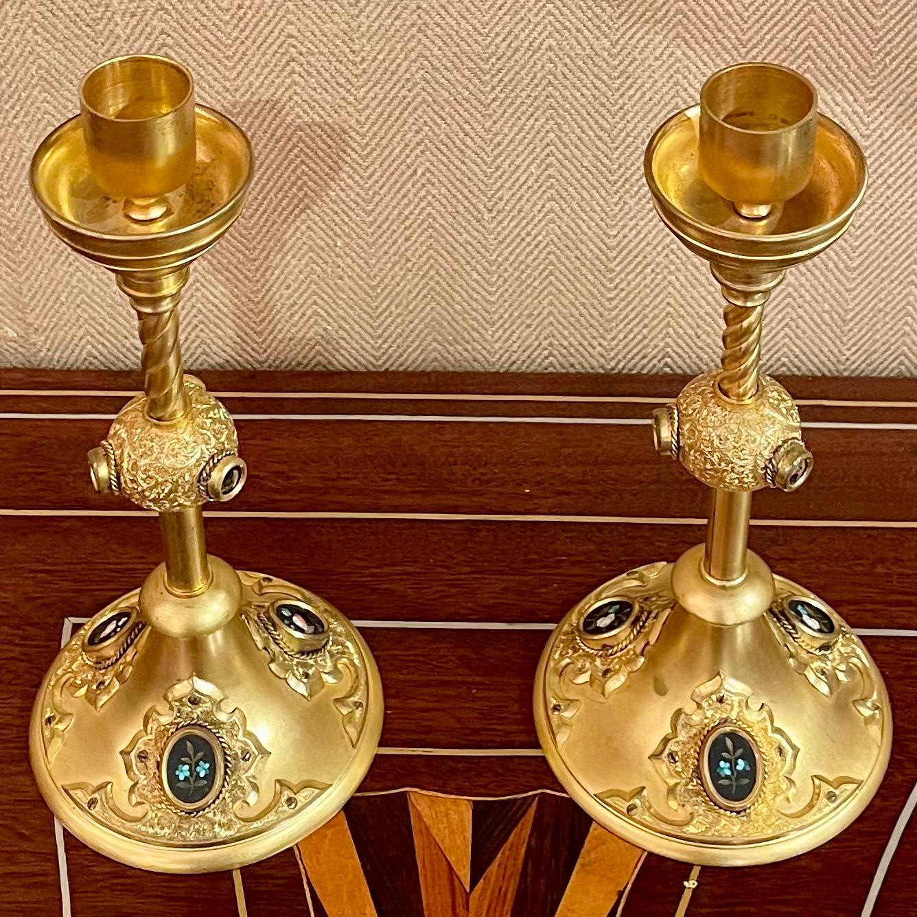 Pair Antique French Gold Bronze and Mosaic Candlesticks, Circa 1890. In Good Condition For Sale In New Orleans, LA