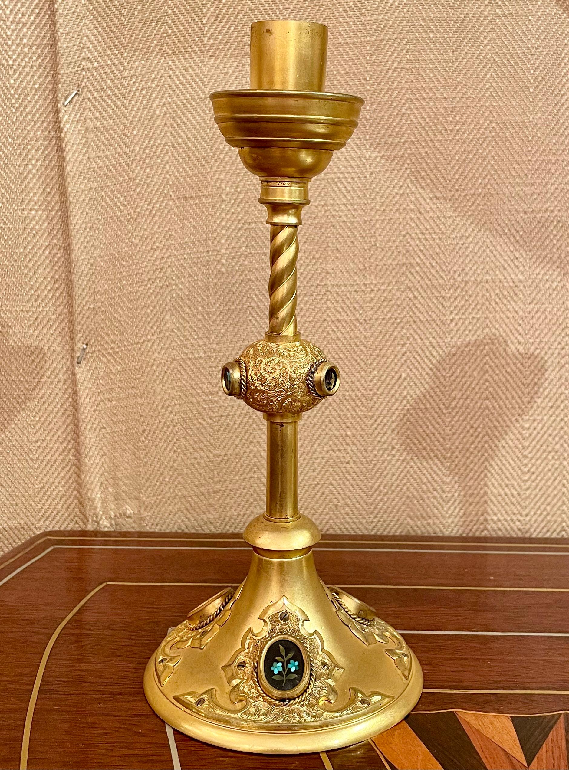 19th Century Pair Antique French Gold Bronze and Mosaic Candlesticks, Circa 1890. For Sale