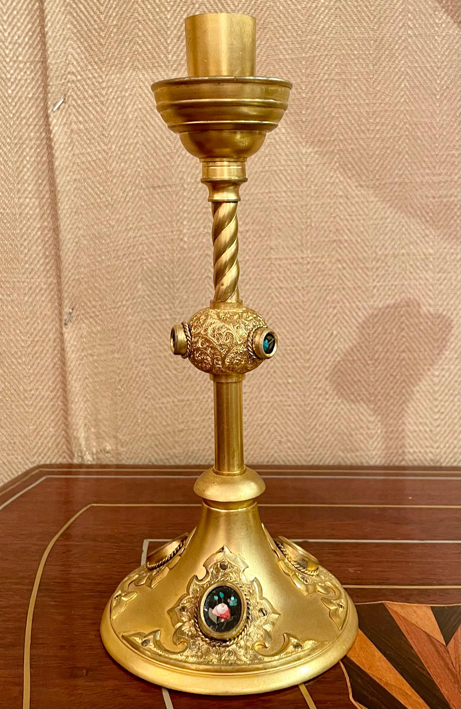Pair Antique French Gold Bronze and Mosaic Candlesticks, Circa 1890. For Sale 1