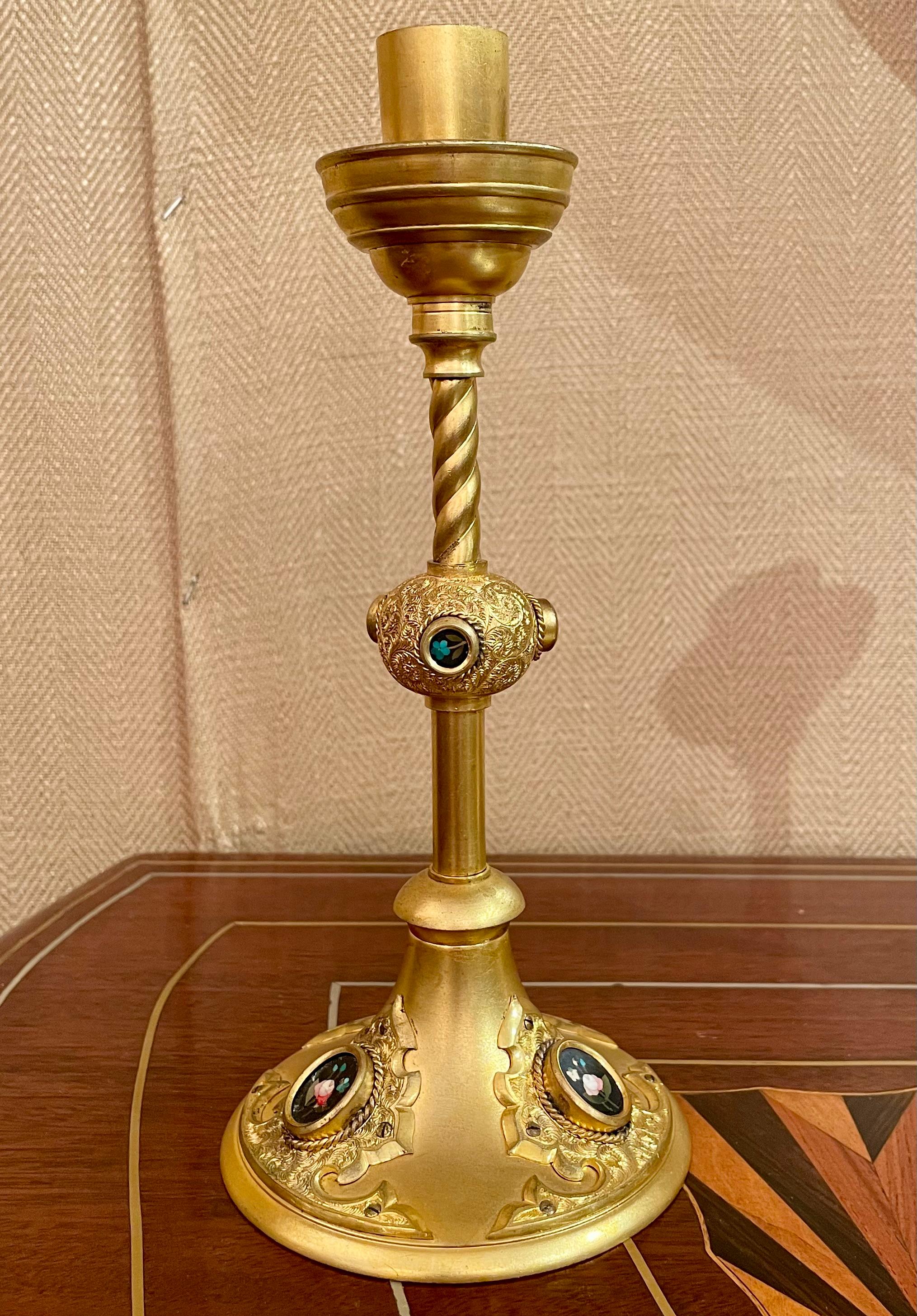 Pair Antique French Gold Bronze and Mosaic Candlesticks, Circa 1890. For Sale 2