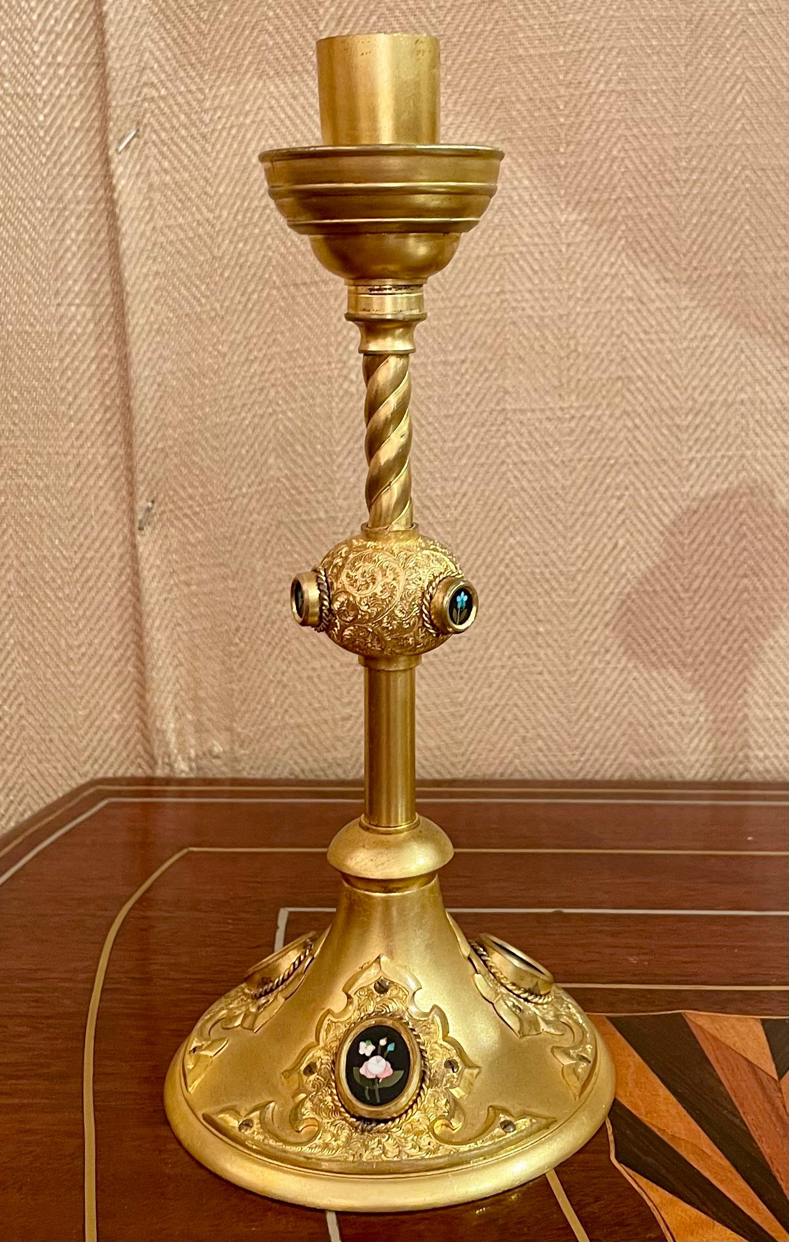 Pair Antique French Gold Bronze and Mosaic Candlesticks, Circa 1890. For Sale 3
