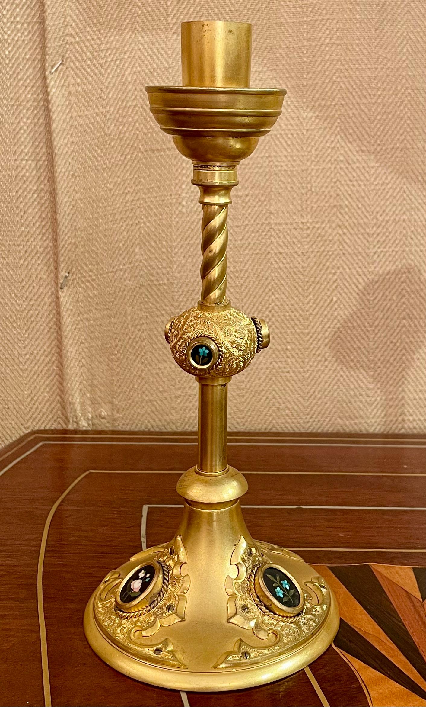 Pair Antique French Gold Bronze and Mosaic Candlesticks, Circa 1890. For Sale 4