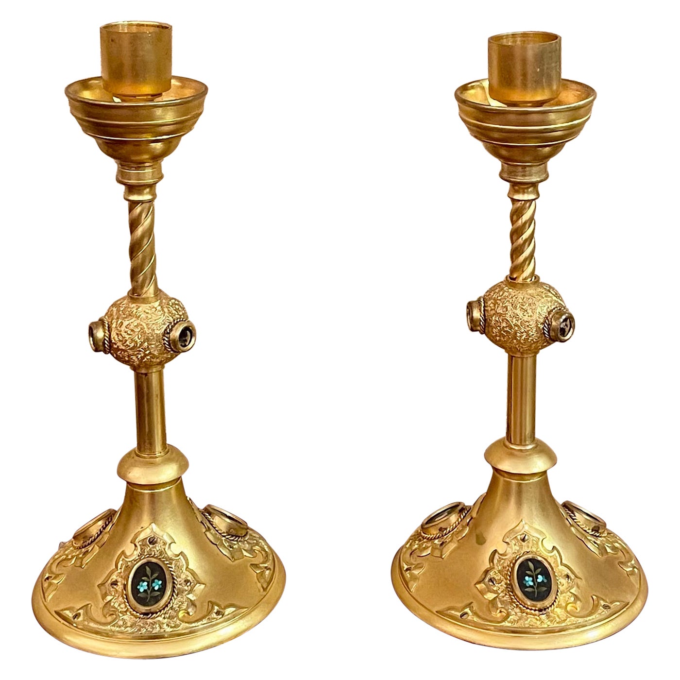 Pair Antique French Gold Bronze and Mosaic Candlesticks, Circa 1890. For Sale