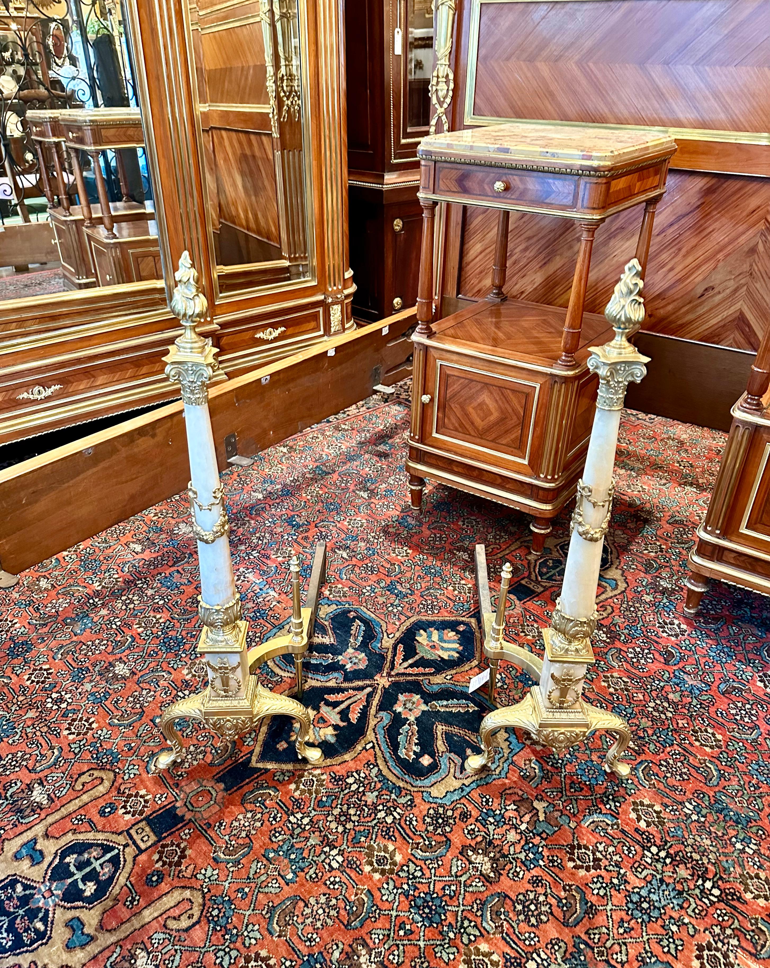 Pair Antique French Gold Bronze and Onyx Marble Andirons, Circa 1890's. For Sale 4