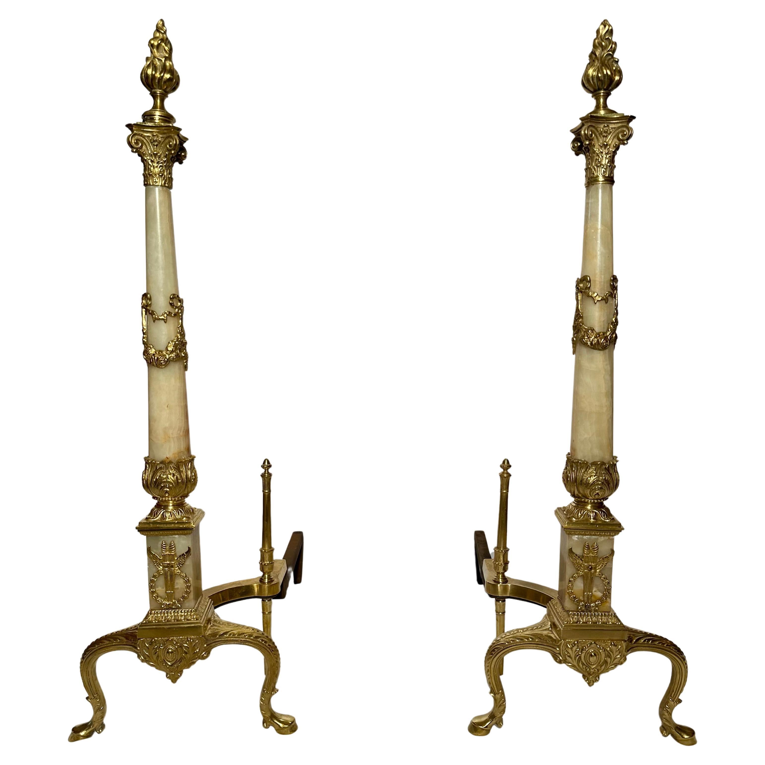 Pair Antique French Gold Bronze and Onyx Marble Andirons, Circa 1890's. For Sale