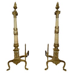 Pair Antique French Gold Bronze and Onyx Marble Andirons, Circa 1890's.