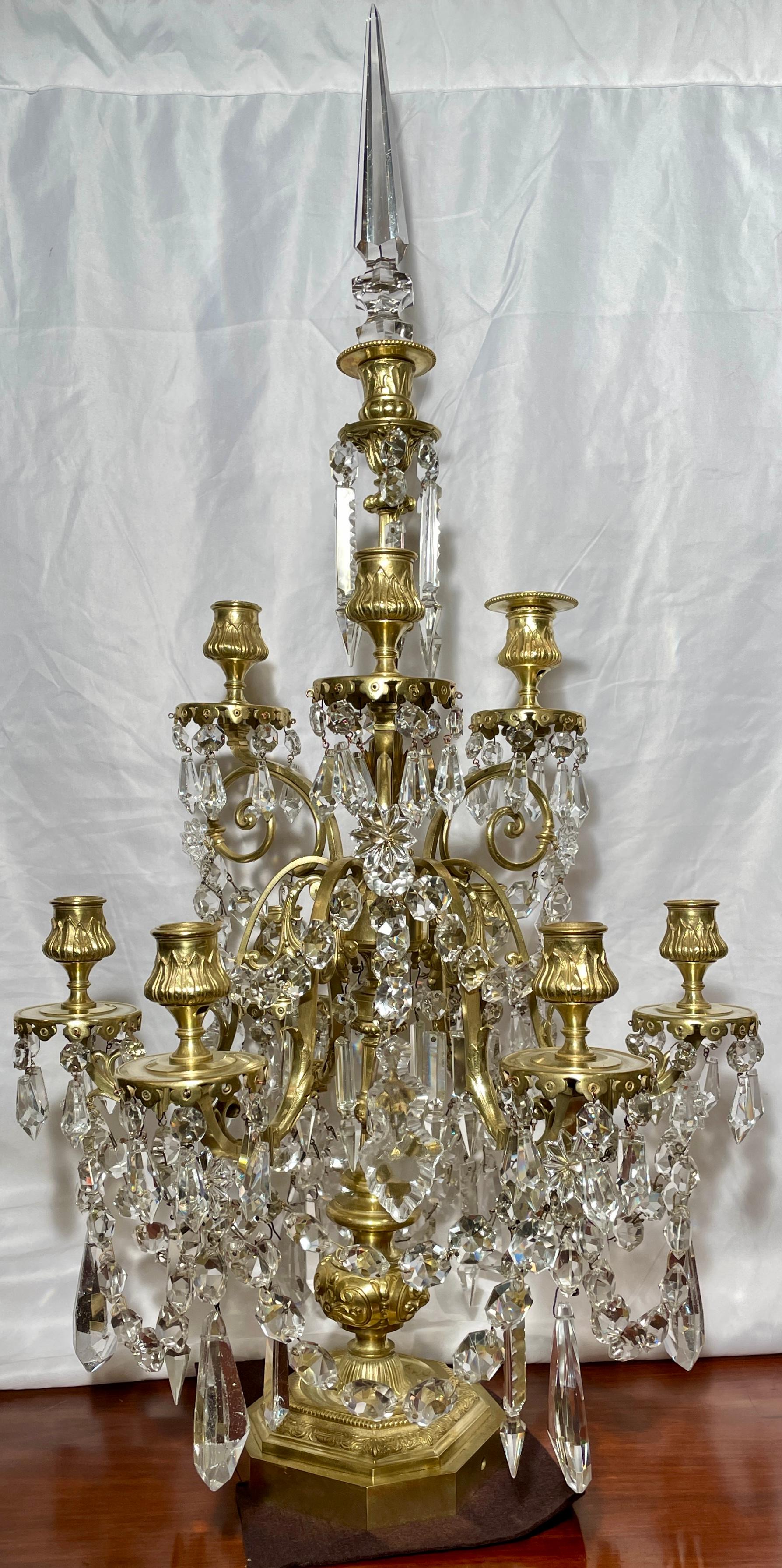 Fine Pair Antique French Gold Bronze and Baccarat crystal Girandoles candelabra, Circa 1875-1885.