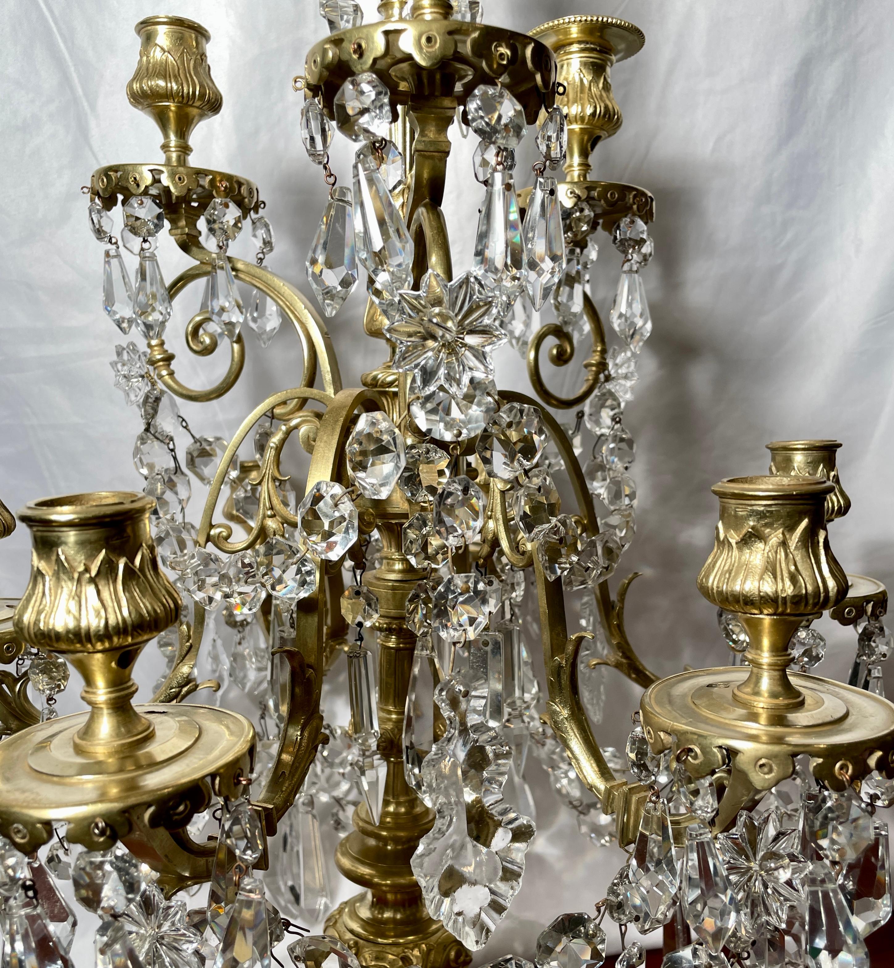 Pair Antique French Gold Bronze & Baccarat Crystal Girandoles Candelabra Ca 1880 In Good Condition For Sale In New Orleans, LA